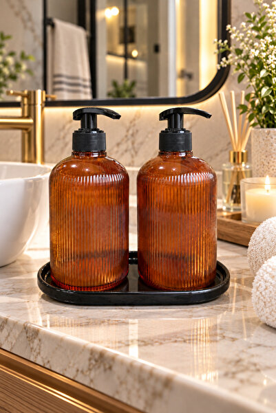 ANGDESİGN Marbella Sıvı Sabunluk 2.li Standı / Amber-Siyah Taban • Banyo Seti & Mutfak Seti Tezgah Üzeri || | Cam Sıvı Sabunluk Modern Tasarım Banyo Dekoru Lavabo Üstü Premium Misafir Banyosu