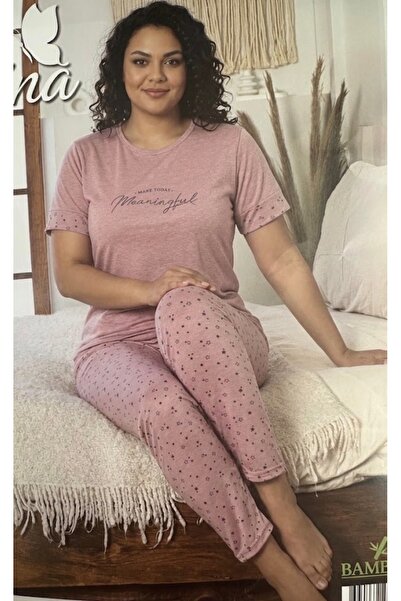 Genel Markalar Ar-Me Kadın büyük beden bambu kumaş pembe kısa kollu pijama ta...