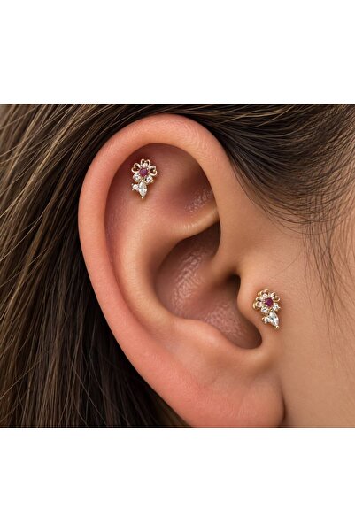 Arescollection 1 adet zirkon taşlı çiçek tragus helix lobe uyumlu piercing