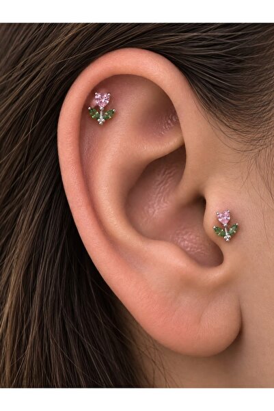 Arescollection 1 adet zirkon taşlı zarif çiçek tragus helix lobe uyumlu piercing
