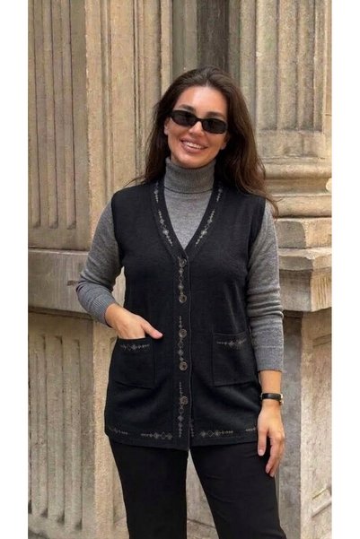 onno style women Banti Baklava Patterned Classic Knit Buttoned Vest