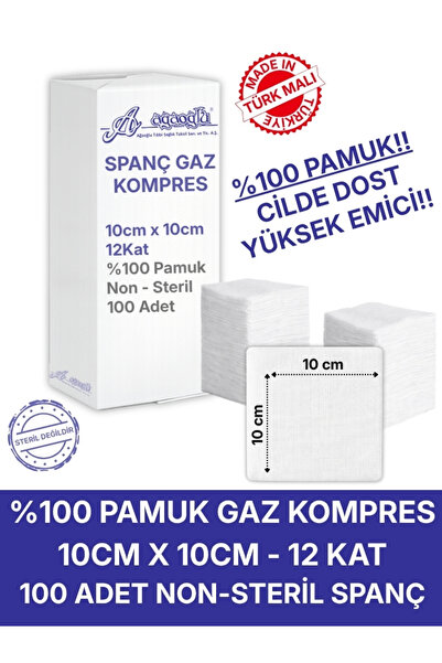 Ağaoğlu Spanç Gazlı Bez 10x10cm 12 Katlı 100 Adet - Yüksek Emici, Yapışmayan,...