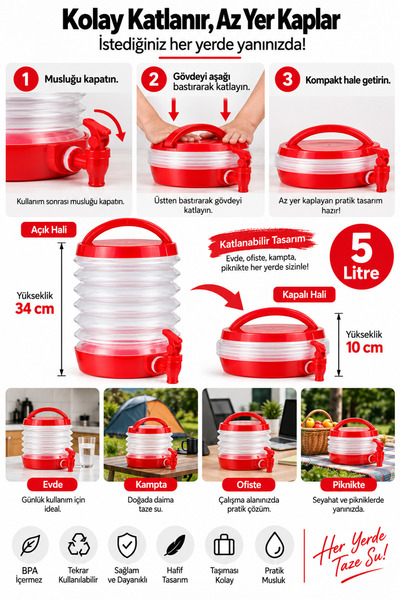 ByKurt Katlanabilir Su Sebili Musluklu Taşınabilir Kamp Piknik Su Bidonu 5 Litre