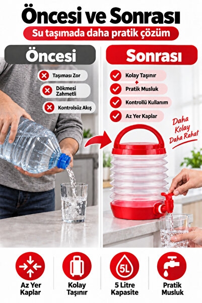 ByKurt Katlanabilir Su Sebili Musluklu Taşınabilir Kamp Piknik Su Bidonu 5 Litre