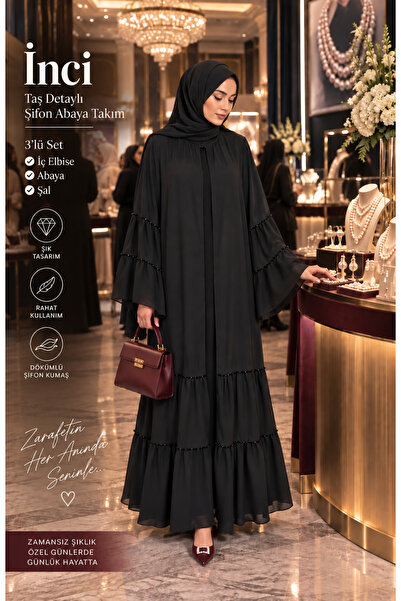 Symbutiq İnci Taş Detaylı Şifon Abaya Takım