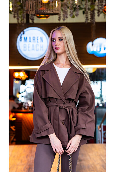 LUCIA GLOBAL MODA Kadın Kahverengi %70 Pamuk Orta Boy Kruvaze Yaka Kemerli Tr...