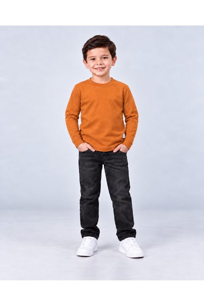 babito store %100 Pamuk Unisex Çocuk Bisiklet Yaka Uzun Kollu Basic Badi 2-10 Yaş