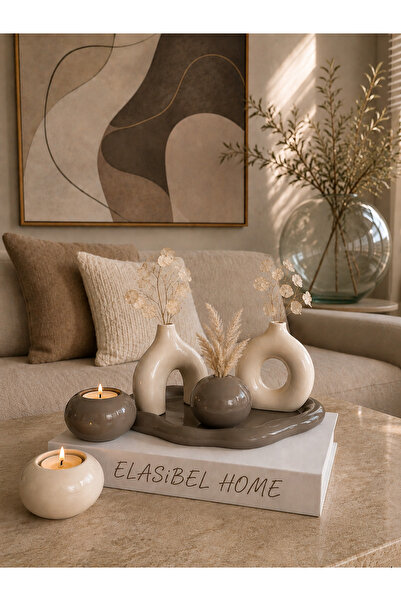 ELASİBEL HOME Minimal Dekoratif Vizon Vazo Seti 2’li Tealight Mumluklu 6 Parç...