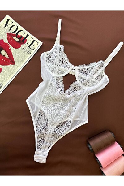 ROZENİN LINGERIE Ekru Dantelli Balenli Kapsız Transparan Çıtçıtlı Bodysuit