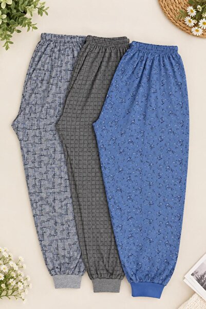 MODA YILDIZ 3 Adet Erkek Desenli Uzun Manşetli Şardonlu Kalın Pijama Altı Kışlık
