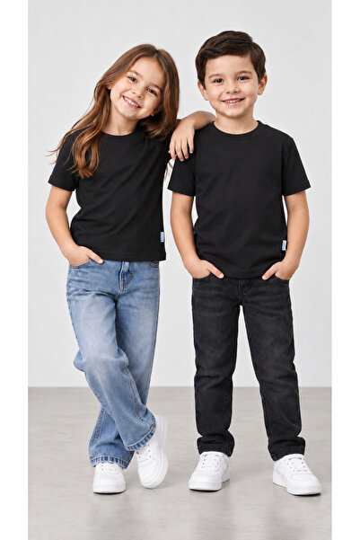 babito store Unisex Kız Erkek Çocuk Düz Badi Kısa Kol Bisiklet Yaka Siyah Tiş...