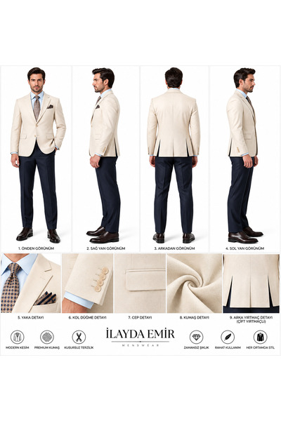 ilayda emir Slim Fit Cream Blazer Jacket Navy Blue Trousers White Shirt Combi...
