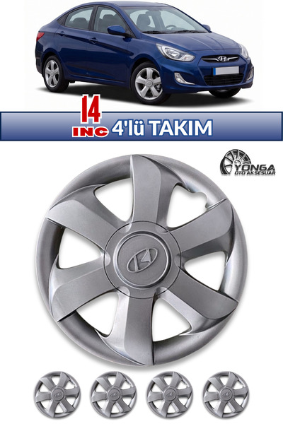 YONGA OTO AKSESUAR HYUNDAİ ACCENT BLUE 14 İnç Jant Kapağı 4'lü Set Gümüş + 4 Amblem + 8 Cırt Kelepçe