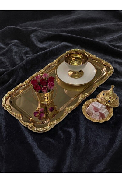 Elzemm store 1 ADET GOLD BÜYÜK DİKDÖRTGEN GOLD ÇERÇEVELİ SUNUM TEPSİSİ ÇAY KA...
