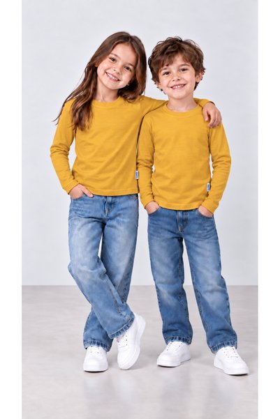 babito store Babito %100 Pamuk Unisex Çocuk Bisiklet Yaka Uzun Kollu Basic Badi 2-10 Yaş