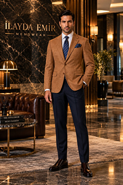 ilayda emir Slim Fit Men's Suit with Suede Jacket – Tan Brown Jacket, Navy Bl...
