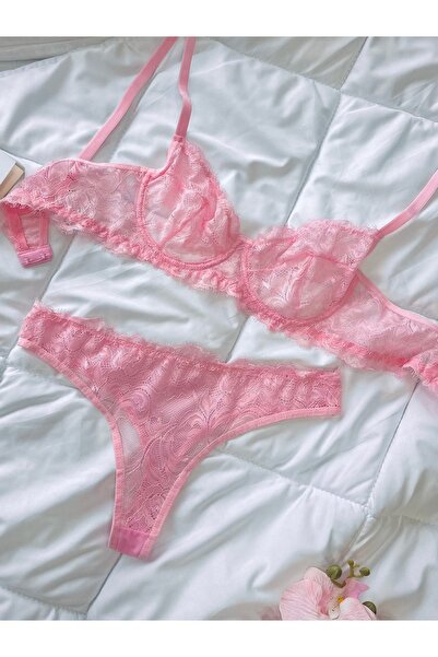 ROZENİN LINGERIE مجموعة برايليت من الدانتيل الناعم باللون الوردي