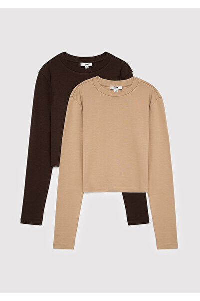 Mavi 2li Uzun Kollu Crop Basic Tişört Fitted / Vücuda Oturan Kesim 1613021-70240