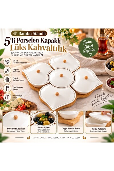 Carat Home Bambu Standlı 5'li Porselen Kapaklı Porselen Lüx Kahvaltılık
