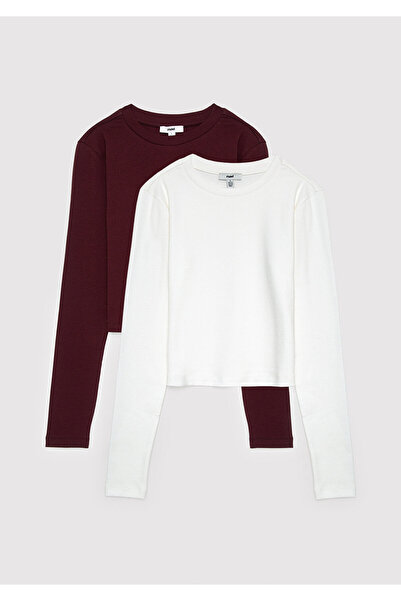 Mavi 2li Uzun Kollu Crop Basic Tişört Fitted / Vücuda Oturan Kesim 1613021-70422