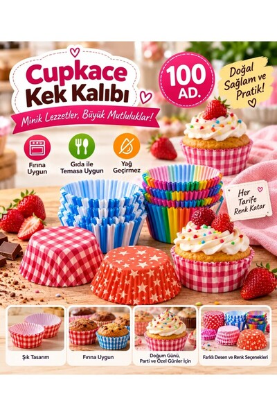 Tasarım Evi 100 Adet Muffin Cupcake Kağıdı, Renkli Kağıt Muffin Kek Kalıbı De...