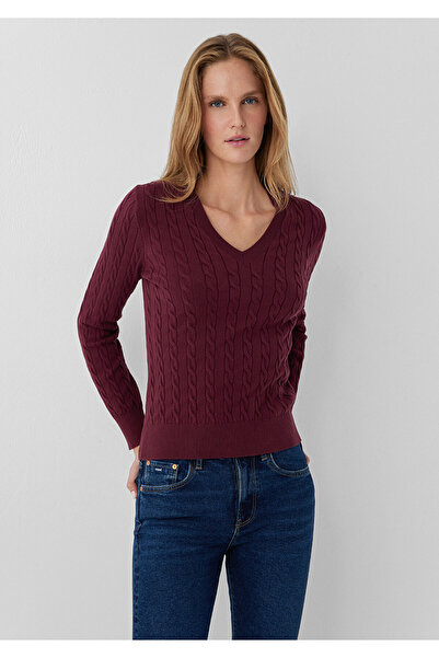 Mavi V Yaka Bordo Triko Slim Fit / Dar Kesim 1710911-87830
