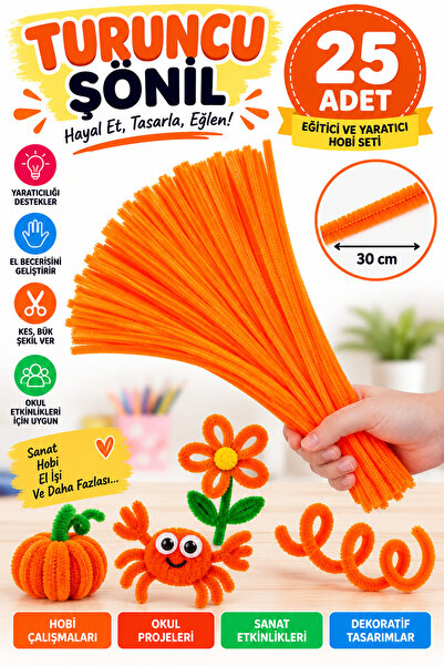 Hobialem 25 Adet - Turuncu Renkli Şönil, Tüylü Tel, Eğitici Şönil Seti, 30 Cm...