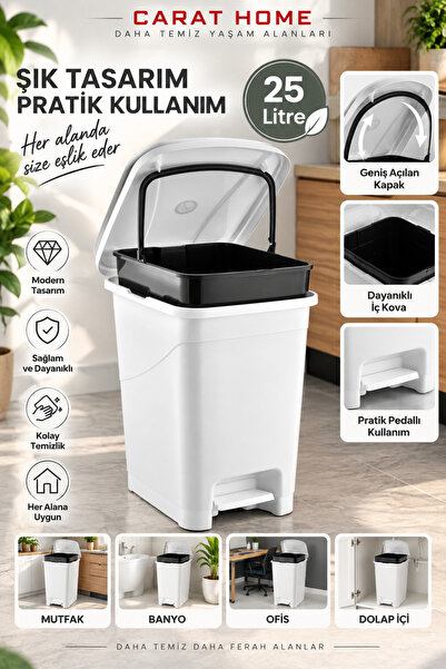 Carat Home İç Kovalı Slim Pedallı Banyo Mutfak Çöp Kovası - 25 Litre - Beyaz
