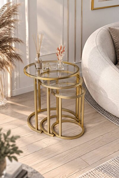 Dekoport Milas Mat Gold (ESKİTME) Zigon Sehpa - Temperli Şeffaf Cam