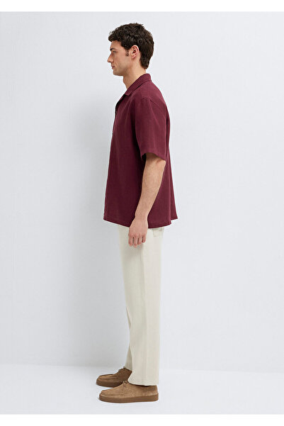 Mavi Kısa Kollu Bordo Keten Gömlek Loose Fit / Bol Rahat Kesim 0211962-70426