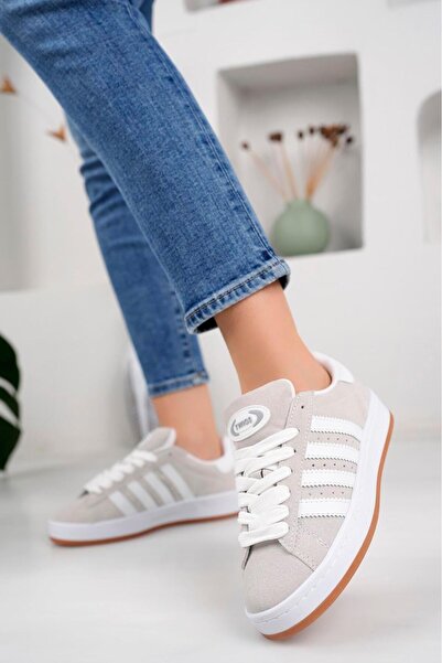 homiro Unisex Klasik Bağcıklı Ortopedik Spor Sneaker Ayakkabı-Füme-Beyaz