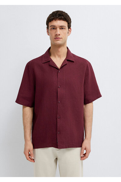 Mavi Kısa Kollu Bordo Keten Gömlek Loose Fit / Bol Rahat Kesim 0211962-70426