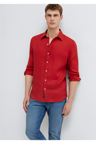 Mavi Kırmızı Keten Gömlek Slim Fit / Dar Kesim 0211466-70454