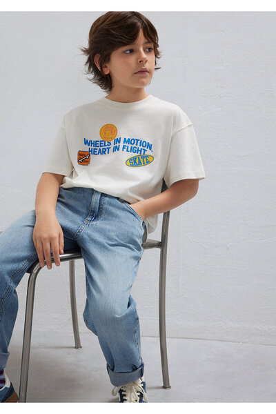Mavi Skate Baskılı Ekru Tişört Oversize / Geniş Kesim 6610450-70057