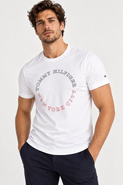 Tommy Hilfiger تي شيرت قطني ضيق بطباعة أحادية اللون