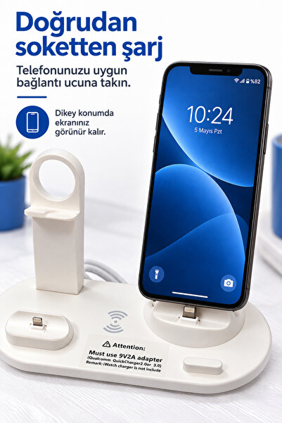 omitech Kablosuz Şarj Özellikli Çoklu Şarj İstasyonu Type-C Lightning Micro USB Döner Başlıklı Masaüstü Stand