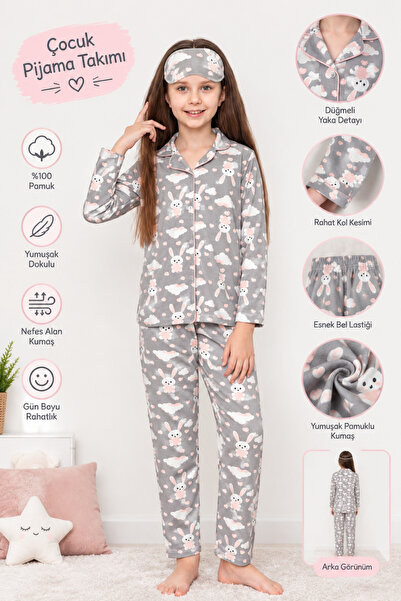 pijama moda Girl's Gray Rabbit Patterned Long Sleeve Pajama SetEye Patch Incl...