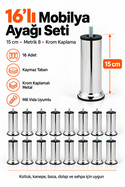NUBLADO 16’lı Mobilya Ayağı Seti 15 cm Metrik 8 Krom Kaplama Kaymaz Taban