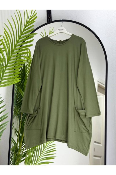 ÖZNE BUTİK Plus Size A-Line Cotton Lycra Combed Cotton Tunic with Pocket Detail