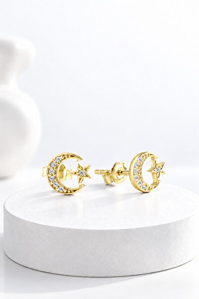 jelux silver Gümüş 925 Ayar Zirkon Taşlı Ay Yıldız Çivili Gold Küpe
