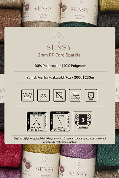 SENSY Premium Simli 200 Gr Polyester Makrome Ipi Siyah 2 Mm - 230 M Supla Ip ve çanta ipliği