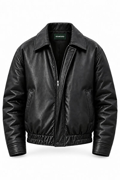 KOMODO Oversize Vintage Unisex Şişme Siyah Deri Ceket