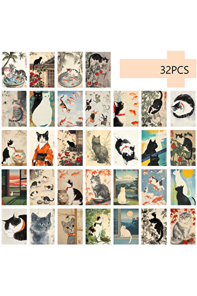 Choice Mixed Color 32pcs Japanese Cat Postcards, Ukiyo-E Style, Cute Cat Post...