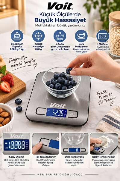 Voit Sc20 Hassas Mutfak Terazisi-lcd Ekranlı Dijital Tartı- Çelik Mutfak Ölçü...