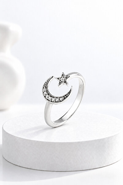 jelux silver Gümüş 925 Ayar Zirkon Taşlı Ayarlanabilir Ay Yıldız Model Yüzük