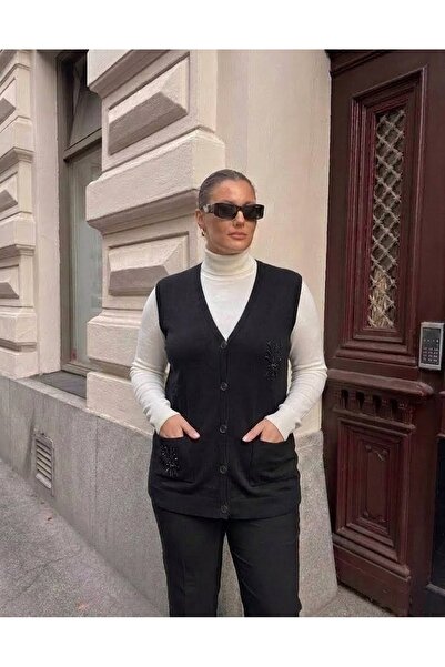 onno style women Pocket Stone-Embellished Steel Knit Classic Tricot Vest