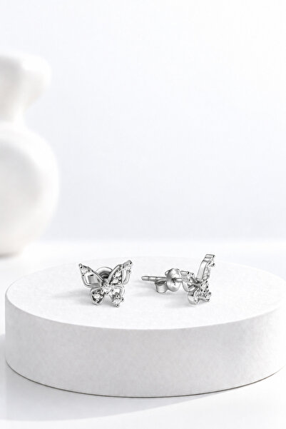 jelux silver Gümüş 925 Ayar Rodyumlu Zirkon Taşlı Çivili Kelebek Küpe