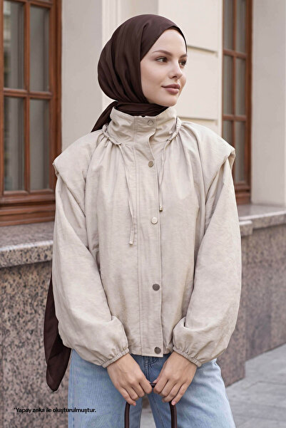 InStyle Yakası Büzgülü Ekru Bomber Ceket