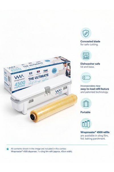 wrapmaster 4500 Cling Film Dispenser Combo with 1 Cling Film Roll – Professional Food Wrap & Plastic Wrap Dispenser with Hidden Blade Cutter, Kitchen Cling Film Holder for Home Use