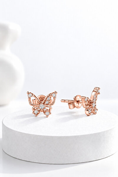jelux silver Gümüş 925 Ayar Zirkon Taşlı Çivili Kelek Rose Çocuk Küpesi